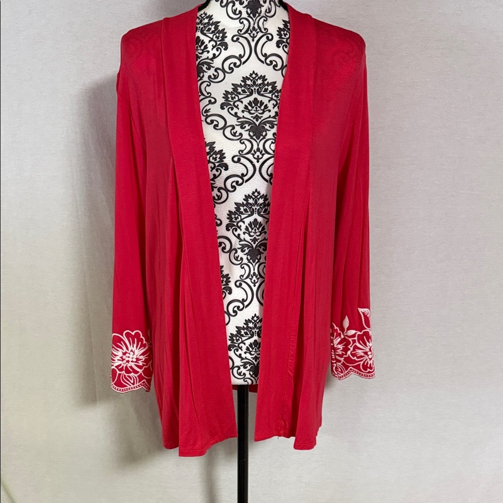 Hot Pink And White Embroidered Floral Open Cardigan Rayon Soft